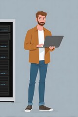 A man an IT technician holds a laptop while standing next to a server rack symbolizing data management and tech ope ns
