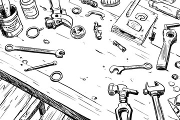 A hand drawn sketch of a messy workbench filled with various tools hardware and mechanical components showcasing a creative process