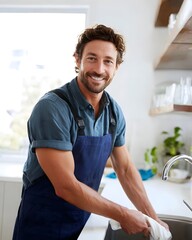 A cheerful male professional possibly a plumber in an apron smiles while washing his hands with a cloth at a bright kitchen sink