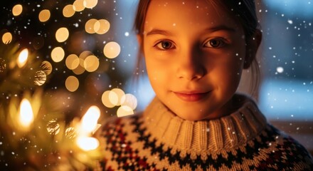 Close up of Little Girl Smiling with Festive Sweater and Glowing Christmas Lights Background with