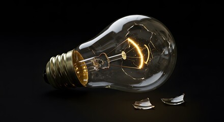 Shattered lit lightbulb on black, glowing filament visible, fragments nearby