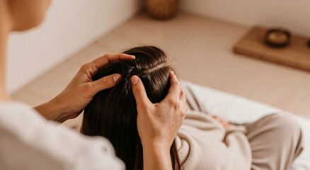 Woman therapist gives a head massage to a woman. Spa treatment and acupuncture concept. Relaxation therapy for wellness.