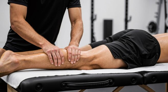 Man physical therapist massaging patient leg. Physiotherapist doing leg massage to male athlete. Muscle pain relief and sport injury rehabilitation concept.