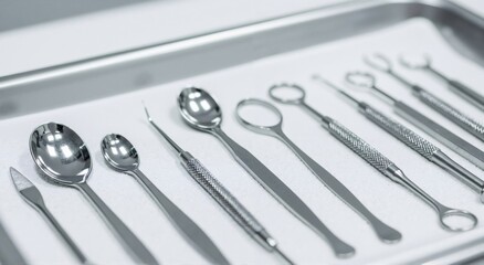 Sterile surgical instruments arranged neatly in a metal tray. Professional medical tools for operation and healthcare clinic procedure.