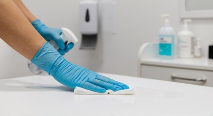 Woman in blue glove cleans white surface with spray and cloth. Hygiene and disinfection in medical or laboratory setting.