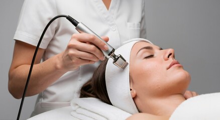 Cosmetologist performing facial skin care procedure on woman. Facial aesthetic treatment at beauty salon for rejuvenation and anti aging.