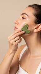 Woman massaging face with green gua sha stone. Facial massage ritual with natural stone for beauty treatment. Self care and skincare routine.