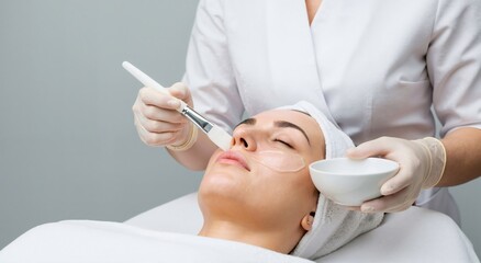 Woman receiving a facial treatment with a cosmetic brush and mask. Spa beauty procedure for skin care and relaxation.