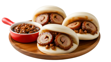 Steamed Bao Buns Filled with Braised Meat and Beans on Wooden Plate with Red Sauce