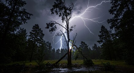 Bright lightning bolt striking a tree in a dark forest at night. Natural weather phenomena and powerful storm concept.