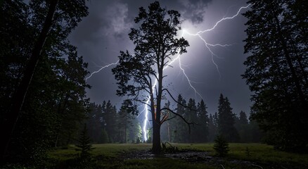Power of lightning striking a large tree in a dark forest at night. Thunderstorm with strong electric discharge in nature. Dangerous weather concept.