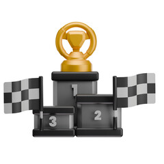 Gold Trophy On A Podium With Checkered Flags Celebrating Victory And Success In A Competition Or Race