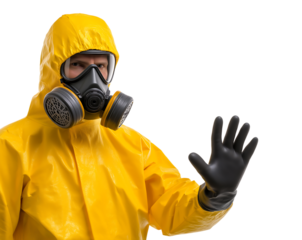 Hazmat Worker in Yellow Suit Making a Stop Gesture Against Black Background