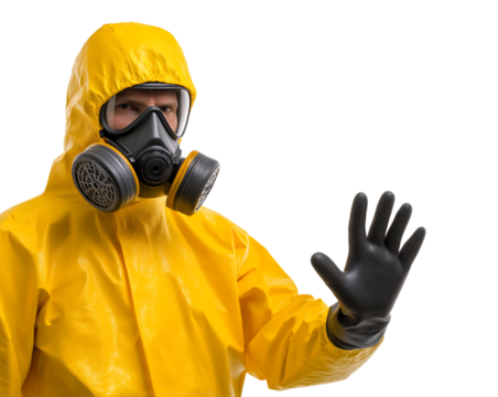 Hazmat Worker in Yellow Suit Making a Stop Gesture Against Black Background