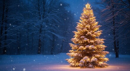 Snowy Christmas Tree Glowing with Lights in a Forest Landscape during Nighttime Snowfall