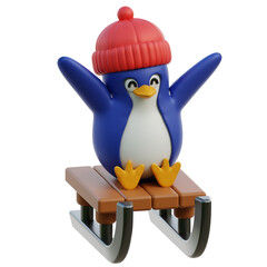 Cute Blue Penguin Wearing Red Beanie Rides Wooden Sled with Open Arms Joyful Winter Activity Isolated on Transparent Background