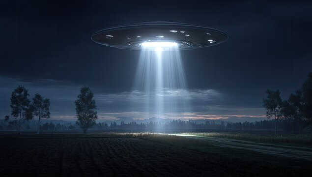 UFO hovering over field, shining beam of light to ground