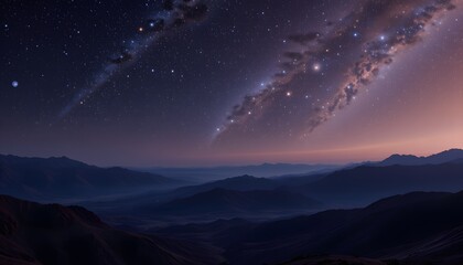 Naklejka premium Starlit Mountain Landscape Under Milky Way Galaxy at Twilight in a Serene Night Sky