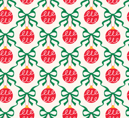 Festive Christmas Ball Seamless Pattern with Green Ribbon on White Background, Red Ornament Ball with Repeated  Ball and Bow Pattern, Hand Drawn Xmas Ornament with Ribbon Pattern illustration