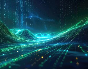 A luminous digital landscape of flowing data streams and binary code rain