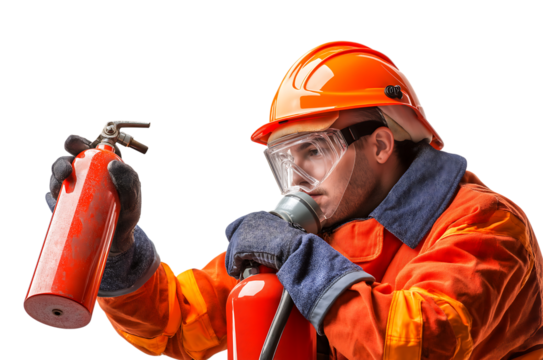Fire Safety Worker Inspecting Extinguisher in Protective Gear
