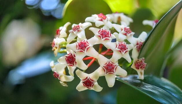White Hoya Carnosa Flowers Bouquet Star Red Pollen Shape Flower Colorful Plant Summer Season Wax Plant Or Wax Flowers Or Porcelain Flower
