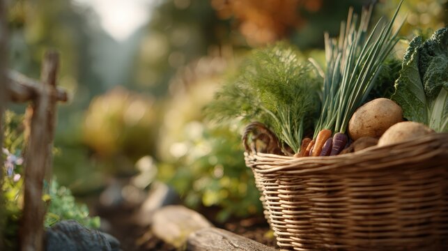 A Bountiful Basket of Fresh Vegetables Harvested from a Lush Garden Pathway