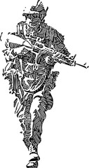 Powerful monochrome illustration of a focused soldier advancing with a rifle, captured in a dynamic sketch style, symbolizing courage, duty, and strategic military operations