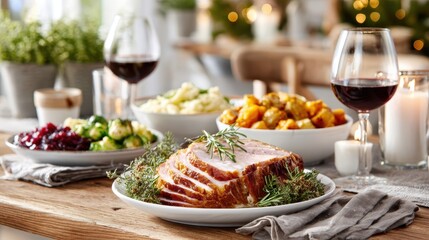 Festive Holiday Dinner Table Featuring Roasted Pork and Seasonal Vegetables with Red Wine