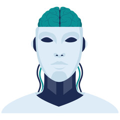 Front facing pixel art illustration of a robotic head with exposed teal brain and white face mask with dark blue neck and teal wires on white background