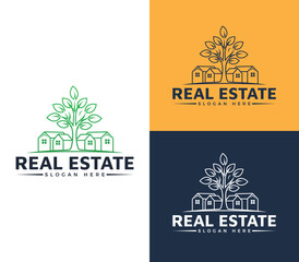 Three real estate logos featuring houses and trees in different color schemes and orientations, 
Real estate logo design with tree and house in green white orange and dark blue color variations