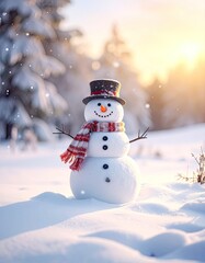 Obraz premium A cheerful snowman with a top hat and scarf in a snowy forest at sunset