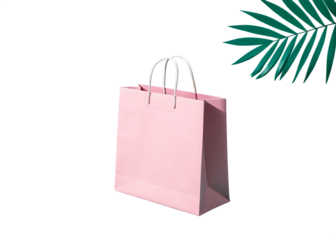 A light pink paper shopping bag with white handles stands against a dark background with a green leaf shadow isolated on white background isolated on transparent background