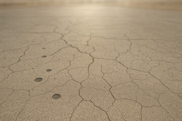 Obraz premium Dry cracked earth surface illustrates impact of heat wave on infrastructure with visible damage and drought effects under harsh sunlight