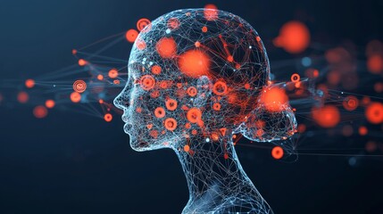 Digital wireframe of a human head with interconnected neural network nodes represented by glowing red points.
