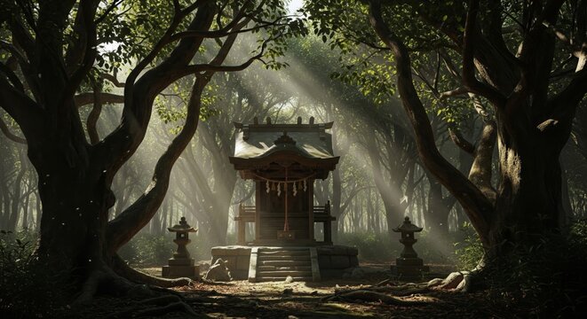 Mystical Forest Shrine Illuminated by Sun Rays among Trees with Lanterns and Dense Woodland