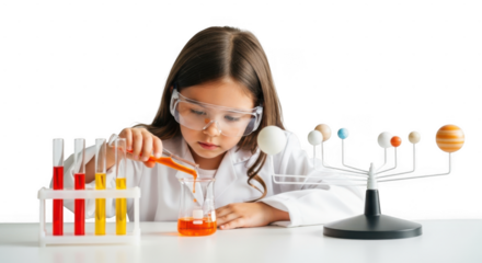 Young girl conducting science experiment with test tubes and solar system model isolated on transparent background