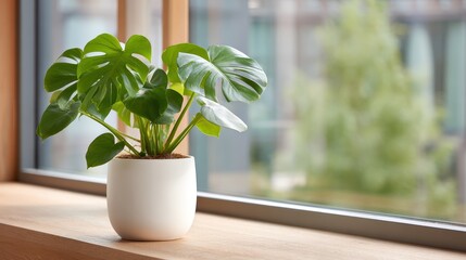 Indoor Potted Plant by a Sunlit Window Featuring Glossy Leaves in a Contemporary Living Space