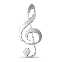 Shiny, 3D rendering of a treble clef on a white background with subtle drop shadow
