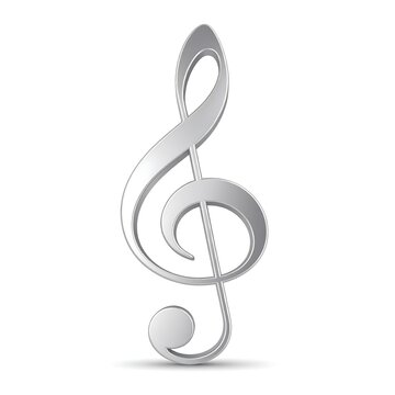 Shiny, 3D rendering of a treble clef on a white background with subtle drop shadow