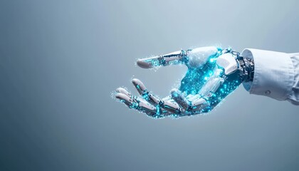 A robotic hand with digital circuitry patterns extends from a human sleeve, symbolizing advanced technology and human-robot interaction.