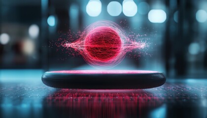 A glowing red orb with dynamic particle effects levitates above a circular platform in a futuristic, high-tech environment.