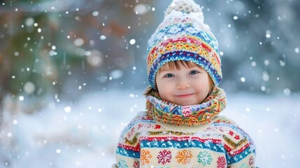 Cute child wearing colorful fair isle winter sweater with snowflake pattern, playing in fresh snow, joyful winter scene