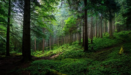 Dark Green Forest Landscape Outdoor Exploration Of Nature