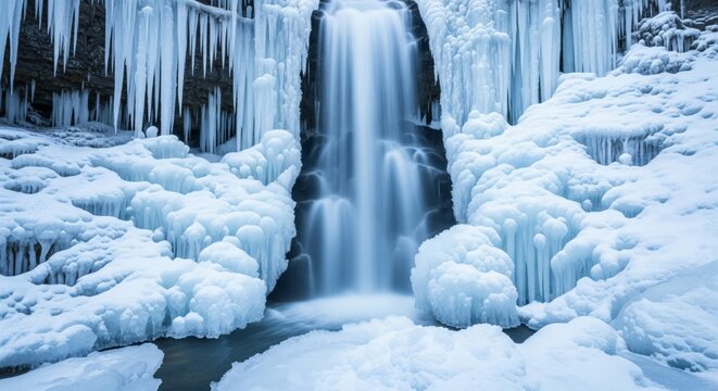 Icy Waterfall with Snow and Icicles in Winter Wonderland Landscape Scenery