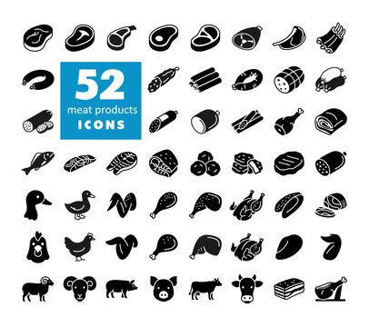 Large Meat Products Glyphs Vector Icon Set