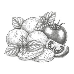 Detailed sketch of mozzarella balls, sliced tomatoes, and fresh basil leaves arranged together.