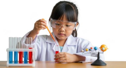 Young girl conducting science experiment with test tubes and model, isolated on transparent background