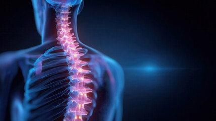 Glowing human spine and rib cage with blue hues