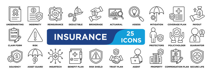 insurance icon collection set. Containing underwriting, indemnity, reinsure, deductible, brokerage icon. simple line vector.